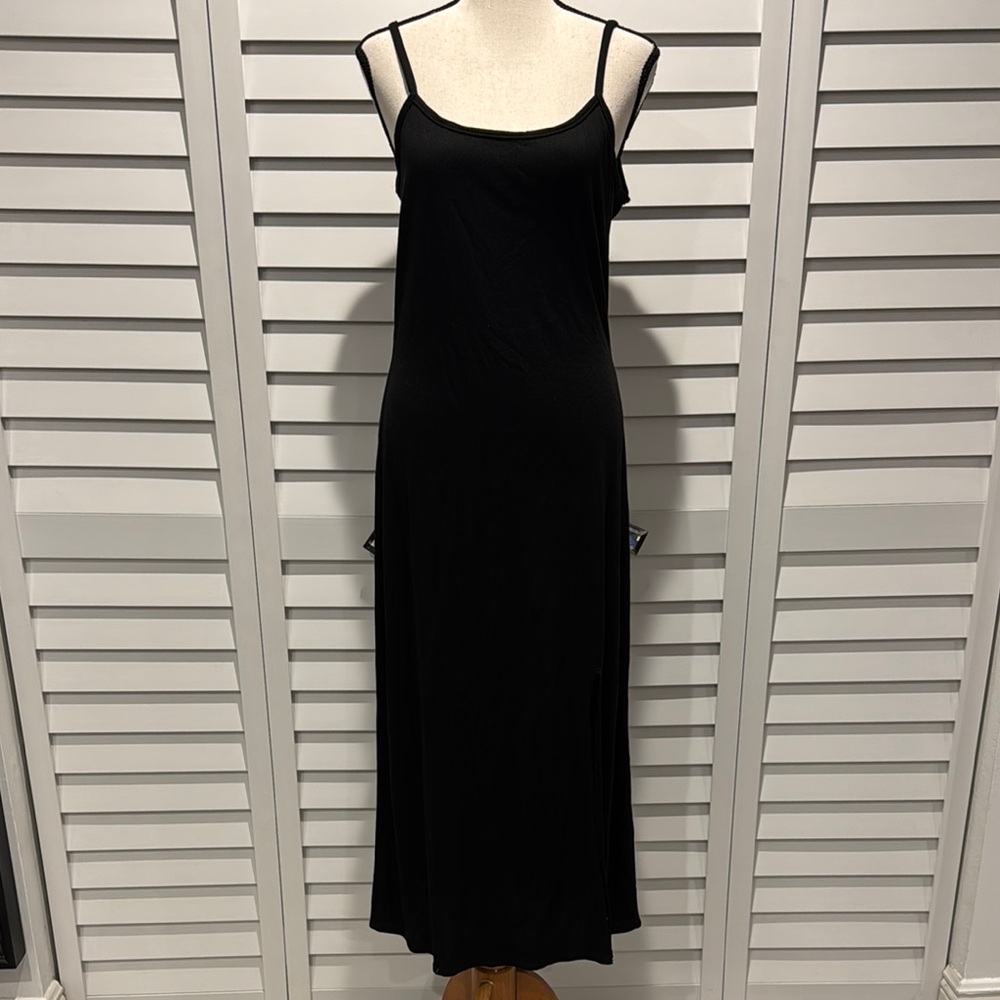 Black Sleeveless Slip Maxi ribbed Dress, soft & comfortable. Front side slit.
